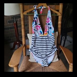 Cupshe Bold Floral and Stripe Halter Tummy Control One Piece Swimsuit 0X, XXL